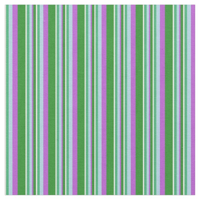 White, Green, Light Blue, Orchid Stripes Pattern Fabric (Close Up)