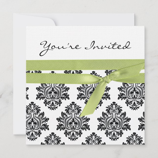 White & Green linen Damask baby shower invite (Front)