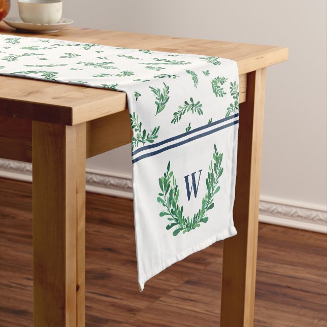 White Green Mistletoe Wreath Monogram Christmas Short Table Runner (In Situ)