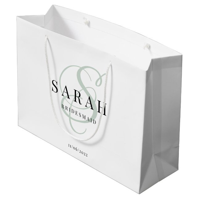 White Green Monogram Personalized Bridesmaid Large Gift Bag (Back Angled)