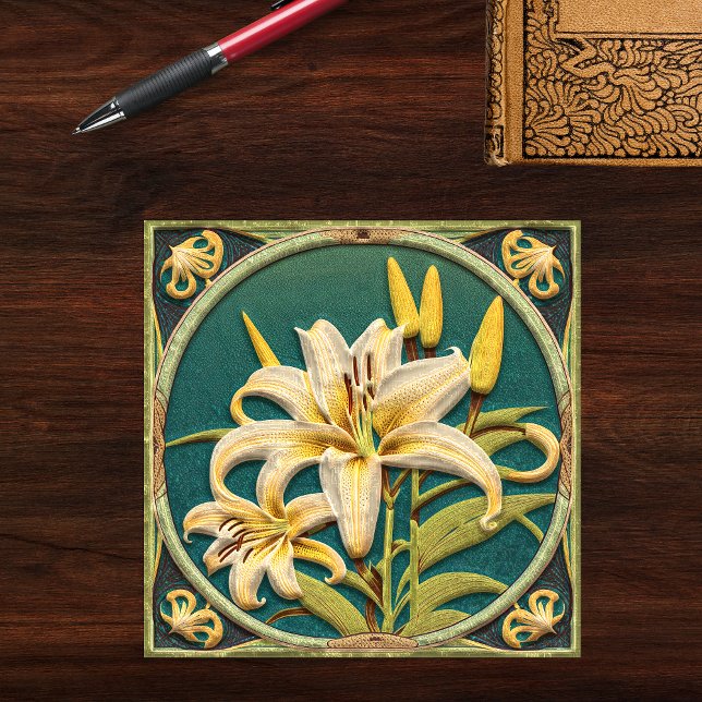 White Green Oriental Lily Art Nouveau Inspired Ceramic Tile (Creator Uploaded)