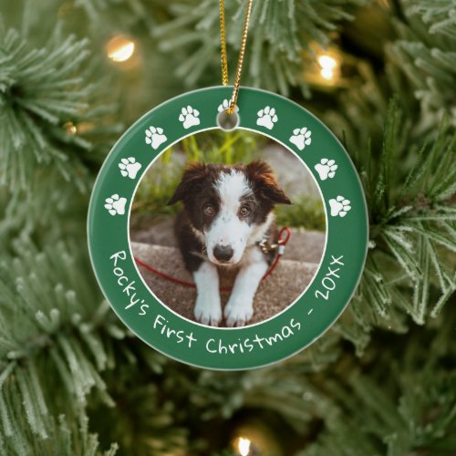 White Green Paw Prints Pets First Christmas Photo Ceramic Ornament