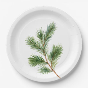White Green Pine Tree Branch Christmas Paper Plates