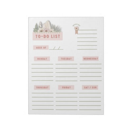 White Green Pink Floral Boho Weekly Planner Pages Notepad