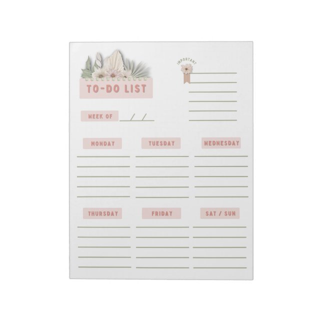 White Green Pink Floral Boho Weekly Planner Pages Notepad (Rotated)