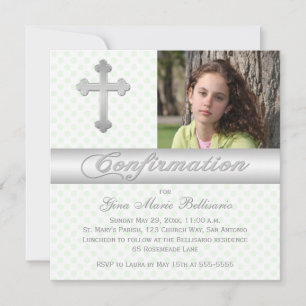 White Green Polka Dots Confirmation Photo Invite