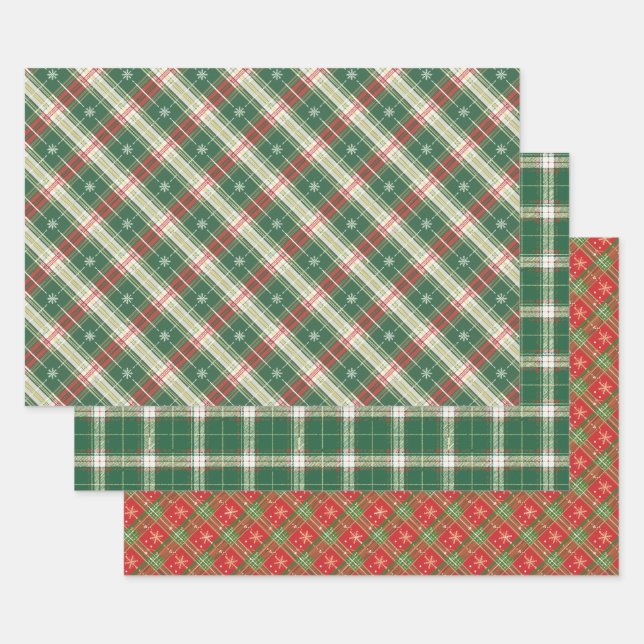 White, Green, Red Christmas Plaid Wrapping Paper Sheets (Set)