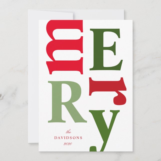 White Green Red Modern Merry Letters Holiday Card (Front)