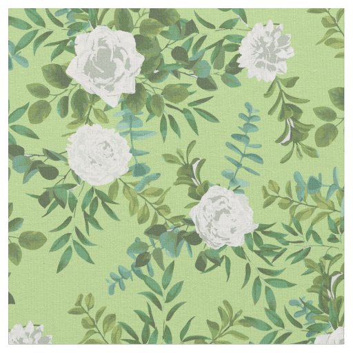 White Green Roses Floral Flowers Fabric