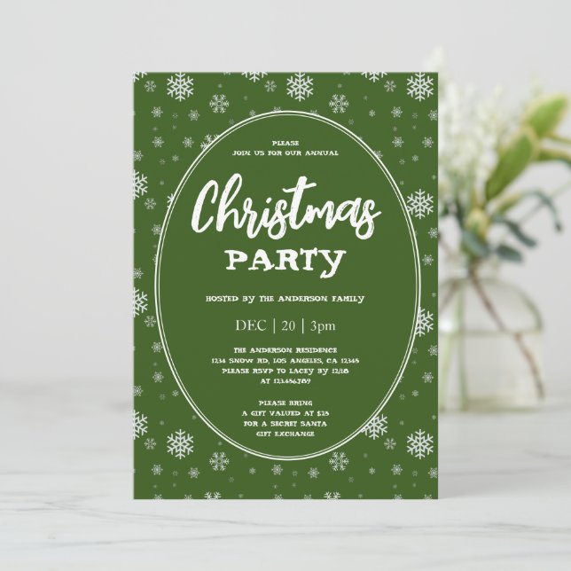 White Green Snowflakes Modern Christmas Party Invitation (Standing Front)
