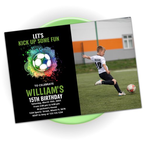 White Green Soccer Birthday With Photo Invitation