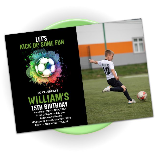 White Green Soccer Birthday With Photo Invitation (Creator Uploaded)