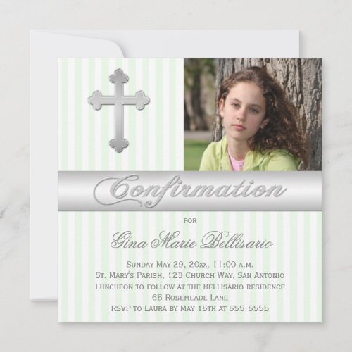 White Green Stripes Confirmation Photo Invitation