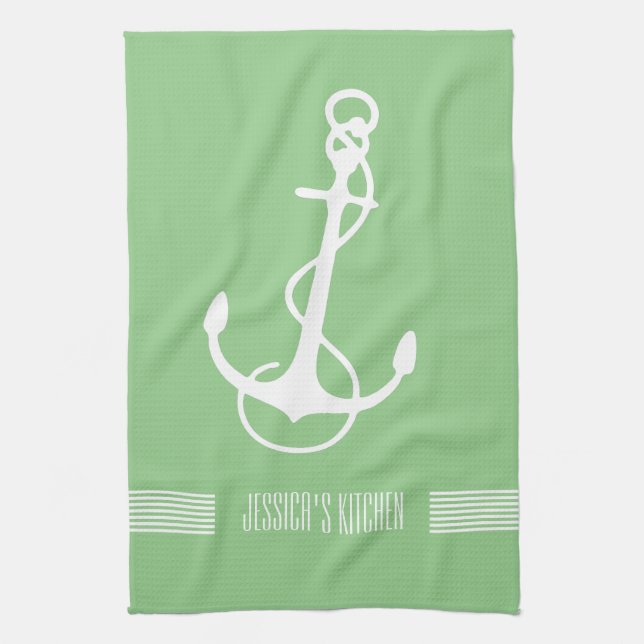 White & Green Stripes Nautical Boat Anchor Kitchen Towel (Vertical)