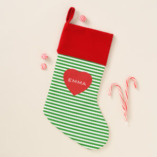 White Green Stripes Red Heart Custom Name Christmas Stocking