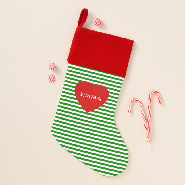 White Green Stripes Red Heart Custom Name Christmas Stocking (Front)