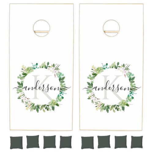 WHITE GREEN SUCCULENT WREATH FOLIAGE MONOGRAM CORNHOLE SET