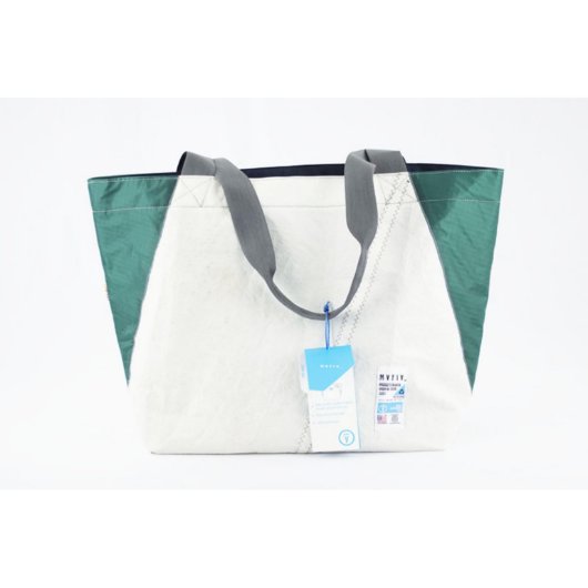 White & Green Tote Beach Bag w/ Grey Strap (Back)