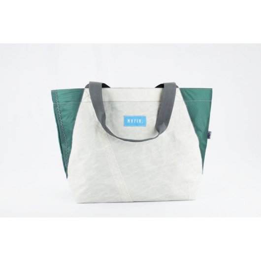 White & Green Tote Beach Bag w/ Grey Strap (Front)