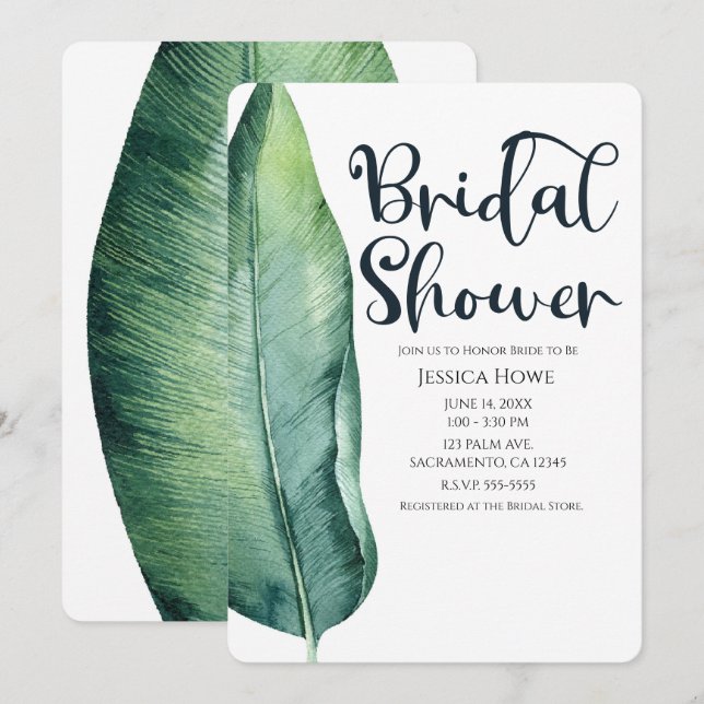 White & Green Tropical Leaf Classy Bridal Shower Invitation (Front/Back)