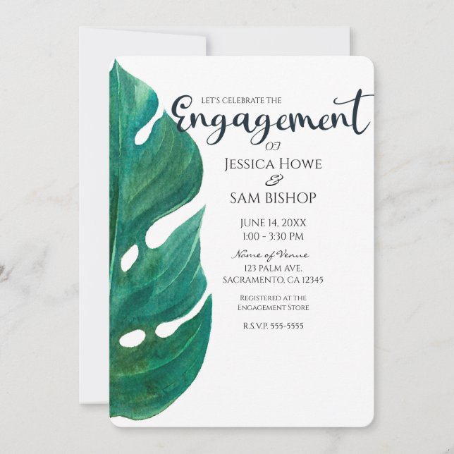 White & Green Tropical Leaf Classy Engagement Invitation (Front)