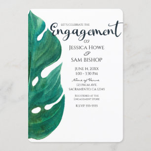 White & Green Tropical Leaf Classy Engagement Invitation
