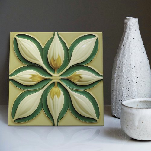 White Green Tulips Symmetric Art Deco Ceramic Tile
