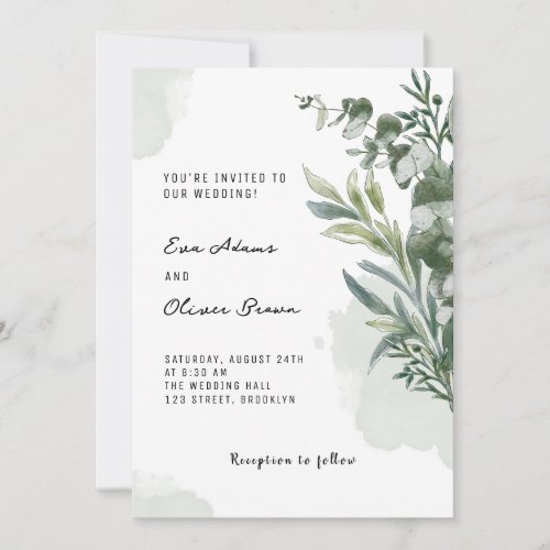 White Green Watercolor Floral Wedding Invitation