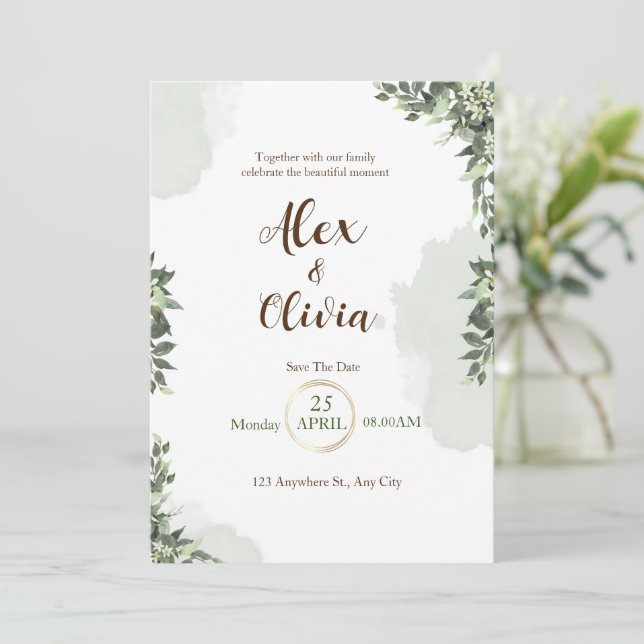  White Green watercolor floral wedding  Invitation (Standing Front)