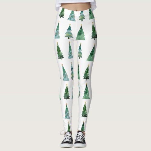 White Green Watercolor Winter Tree Christmas Leggings