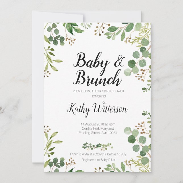 white greenery baby brunch shower invitation (Front)