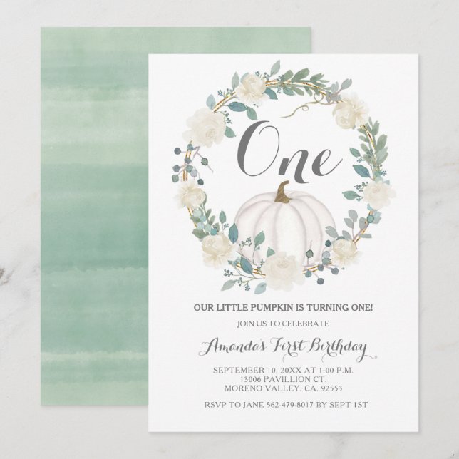 White Greenery Fall White Pumpkin 1st Birthday Invitation (Front/Back)