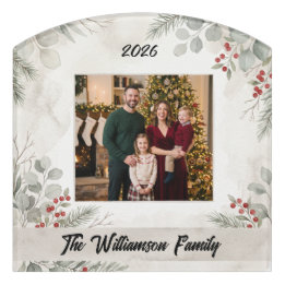White Greenery Family Photo Personalized Christmas Door Sign