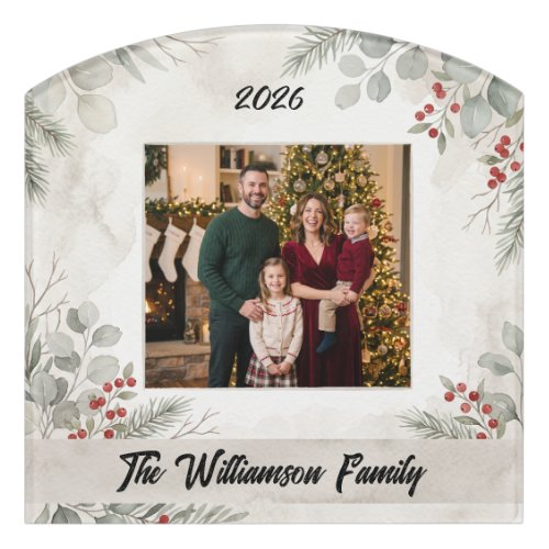 White Greenery Family Photo Personalized Christmas Door Sign
