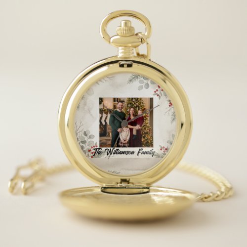 White Greenery Family Photo Personalized Pocket Watch