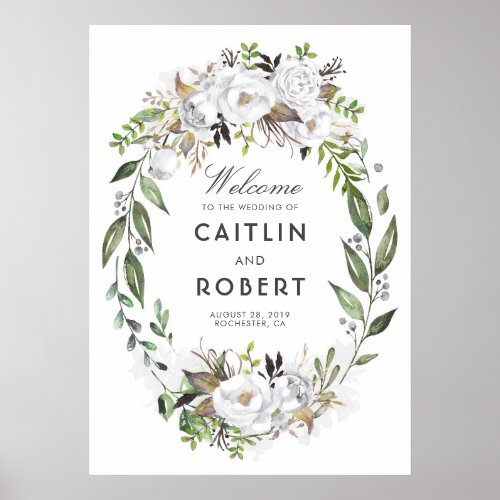 White Greenery Floral Romantic Wedding Welcome Poster