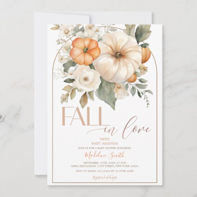 White Greenery Pumpkin Fall In Love Baby Shower Invitation (Front)