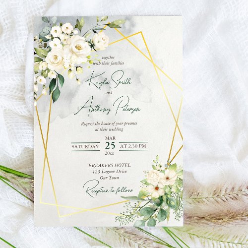 White greenery roses floral wedding invite