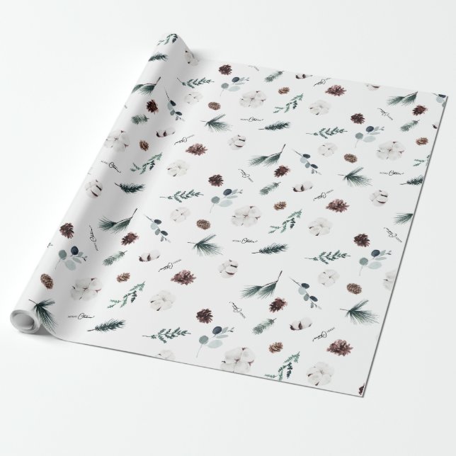 White Greenery Vintage Merry Christmas Wrapping Paper (Unrolled)