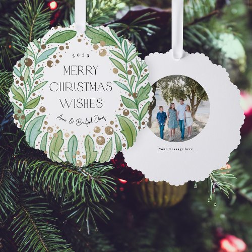 White Greenery Wreath Merry Christmas Ornament Card