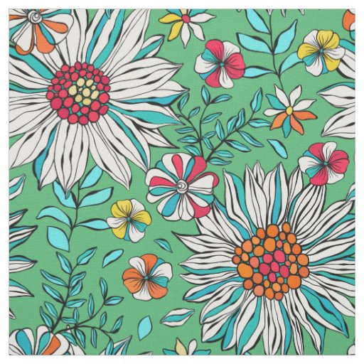 White Greenery Yellow Orange Red Daisy Flowers Fabric