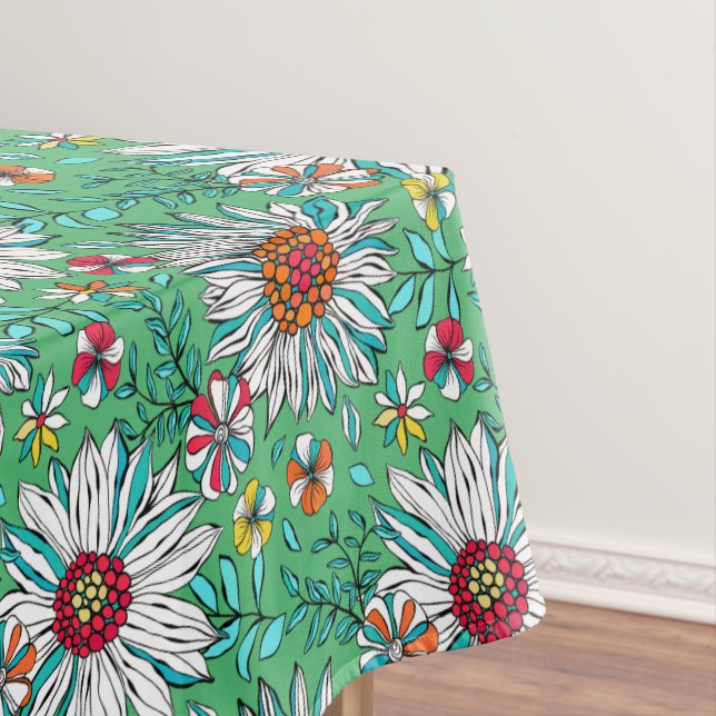 White Greenery Yellow Orange Red Daisy Flowers Tablecloth (In Situ)