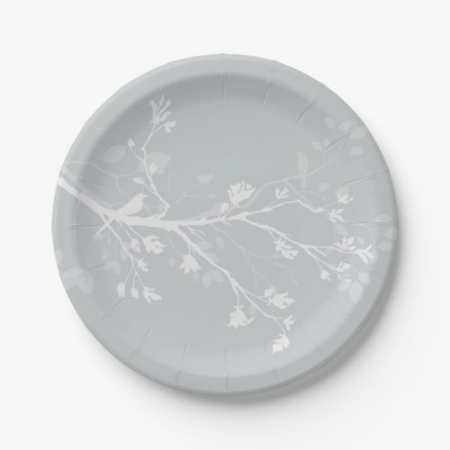 White Grey Bird Branches Paper Plates