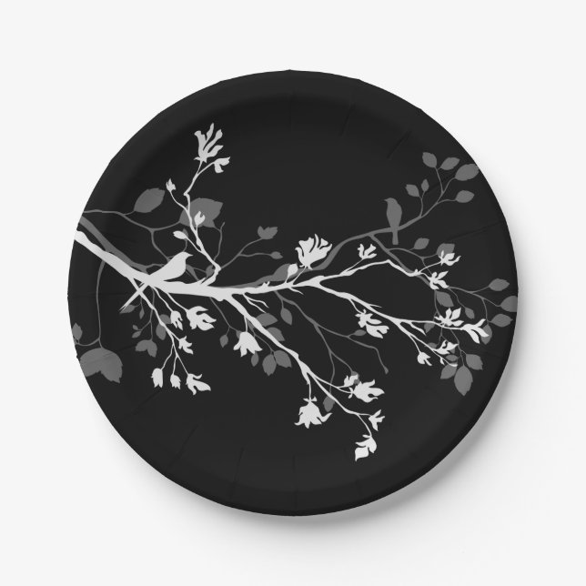 White Grey Black Bird Branches Paper Plates (Front)