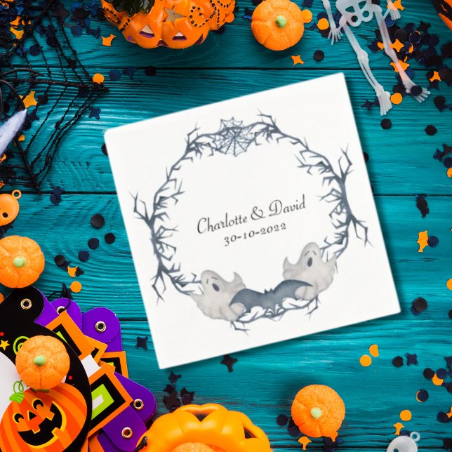 White Grey Boo Ghost Bat Halloween Wreath Wedding  Napkins (Creator Uploaded)