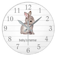 White Grey Bunny Nursery Decor Wall Clock