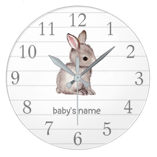 White Grey Bunny Nursery Decor Wall Clock