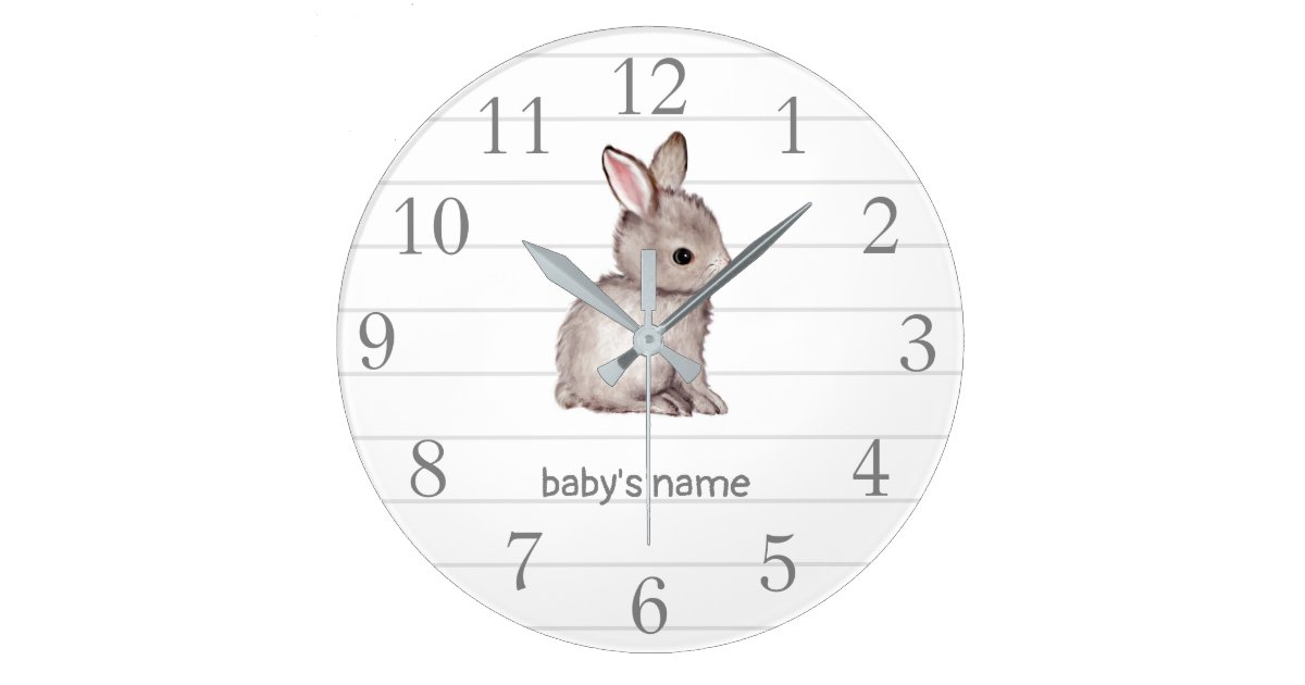 White Grey Bunny Nursery Decor Wall Clock Zazzle Com
