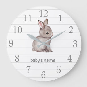White Grey Bunny Nursery Decor Wall Clock