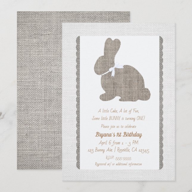White Grey Burlap Rustic Bunny Easter 1st Birthday Invitation (Front/Back)